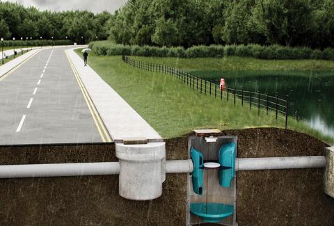 Graphic showing a Downstream Defender® Select treating road runoff ahead of a pond